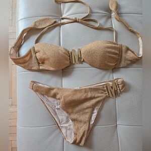 Moschino M-logo bandeau two piece bikini gold metallic size S
